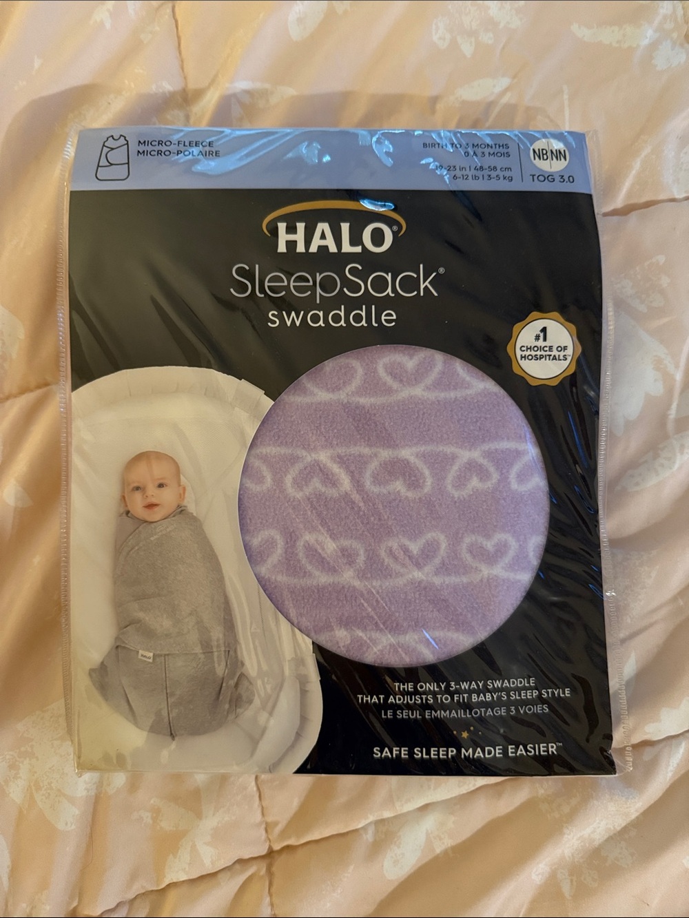 HALO SleepSack Swaddle - Light Purple with White Heart Pattern-micro fleece